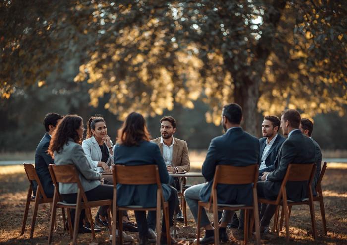团队在阳光洒落的树下户外围桌开会。