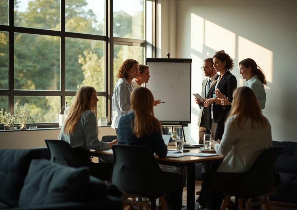 A team gathered around a whiteboard in a sunlit meeting room