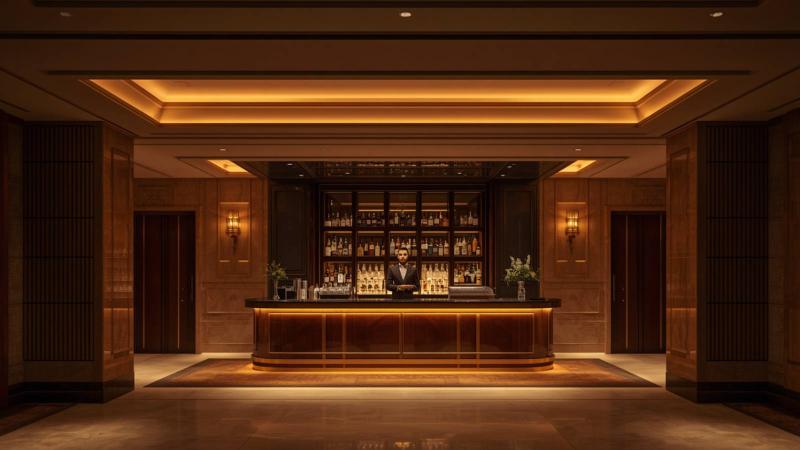 An elegant hotel lobby bar with a bartender behind the counter